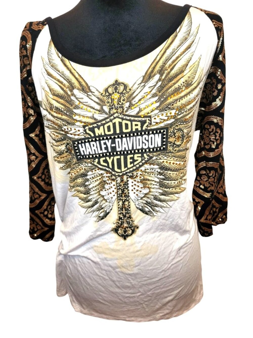 Vintage Y2K Harley Davidson Cross Wings Baseball Tee Sequin XL Grunge 00s Biker